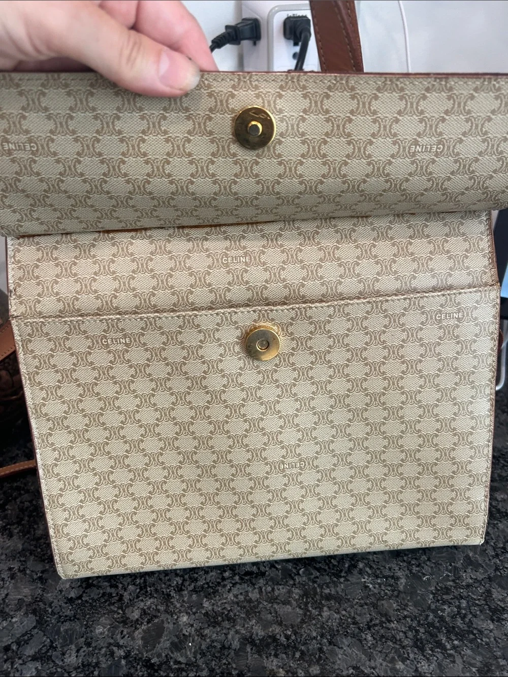 CELINE Beige Triomphe Canvas Satchel with Tan Leather Trim 10”X9”X4,5